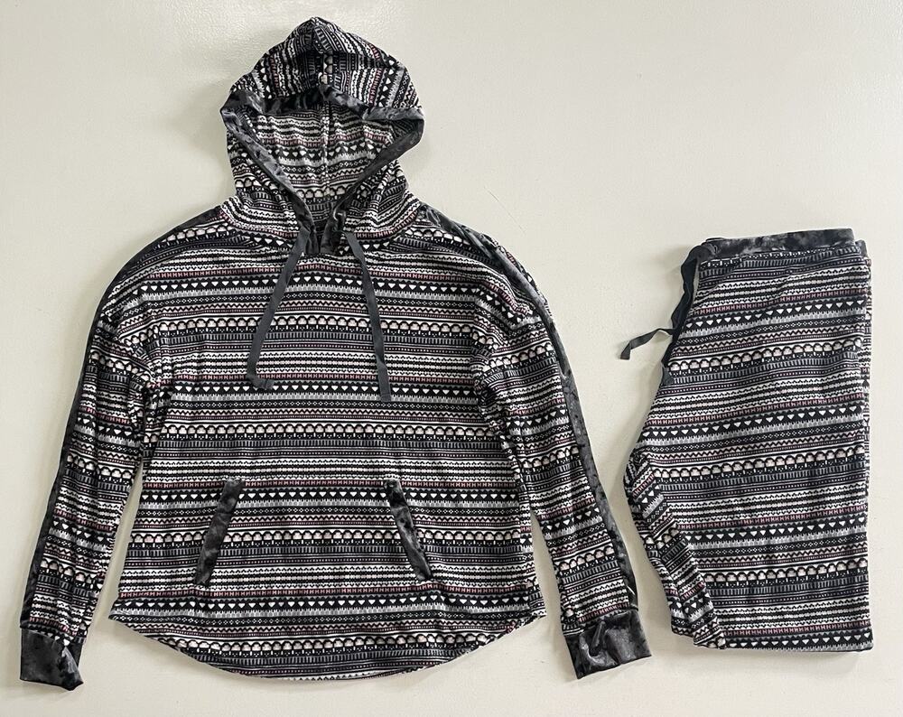 Simply Vera Wang Velour Hoodie Women Large Fair Isle Black Pink Lounge Sleep Set